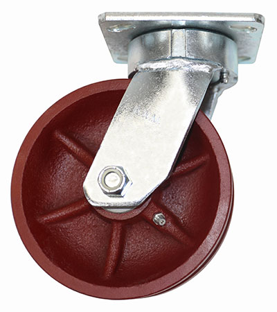 Side view of swivel caster with red wheel